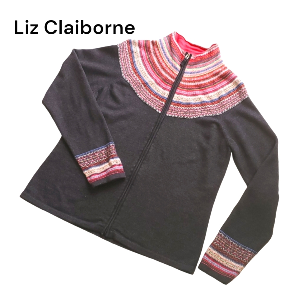Fair Isle Style Zipper Cardigan Grey Pink Reverse Knit Liz Claiborne Angora Etc